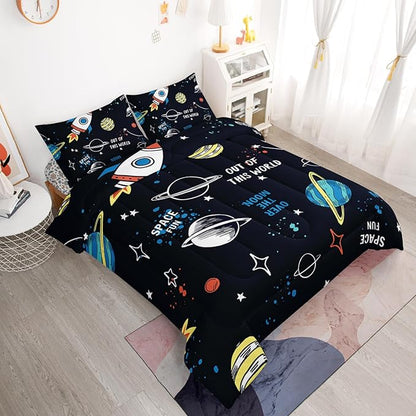 Space Comforter Set Twin 5PCS,Kids Bedding Set for Boys Twin,Rocket Bedding Twin Size.Kids Comforter Set Soft Bedding Sets,Bed in A Bag for Kids - LeafyLoom