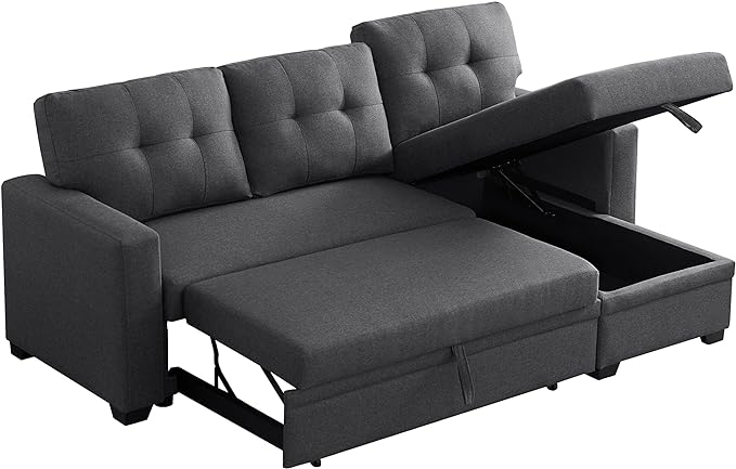 RITSU Reversible Storage Sectional Sofa, Linen Tufted Cushion Chaise Lounge, Multifunctional Seat with Pull Out Bed, Living Room Triple Couch, Grey, 82 inch, Dark Gray - LeafyLoom