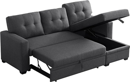 RITSU Reversible Storage Sectional Sofa, Linen Tufted Cushion Chaise Lounge, Multifunctional Seat with Pull Out Bed, Living Room Triple Couch, Grey, 82 inch, Dark Gray - LeafyLoom