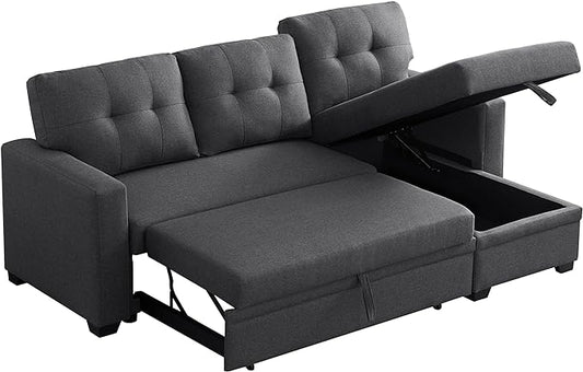 82 Inch Convertible L Shaped Sleeper Sectional Sofa Linen with Storage Chaise,Corner Couch w/Pull Out Bed,Reversible Design, 82inch, Dark Grey - LeafyLoom