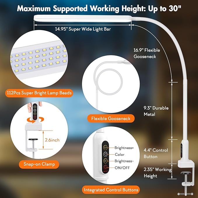 LED Desk Lamp with Clamp, Super Bright Desk Light with 11 Brightness, 5 Color Modes, Flexible Gooseneck Clip on Table Light, Eye-Caring Architect Task Desk Lamps for Home Office Study Reading - LeafyLoom