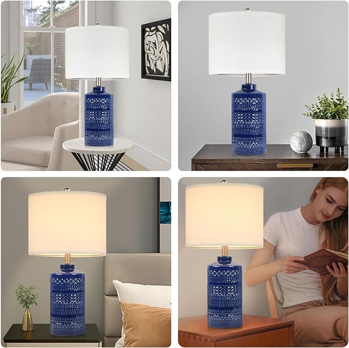 Navy Blue Table Lamp 24.5", Modern Bedside Lamp Blue Ceramic Table Lamps for Living Room 3-Way Dimmable Entryway Lamp Nightstand Lamp Farmhouse Lamp for Home Office Bedroom, Bulb Included - LeafyLoom