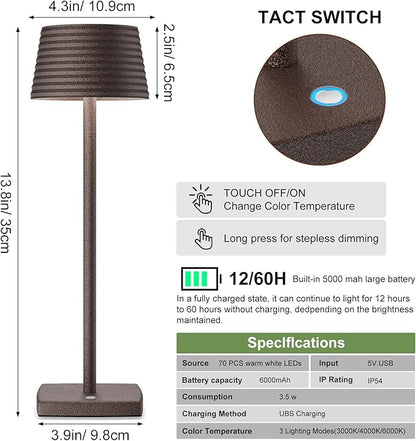 Rechargeable Cordless Table Lamp, Battery 5000mAh Metal Aluminum Housing USB LED Portable Powered Desk Lamp, 3 Levels Brightness Night Light for Restaurants Bars Outdoor (ferruginous) - LeafyLoom