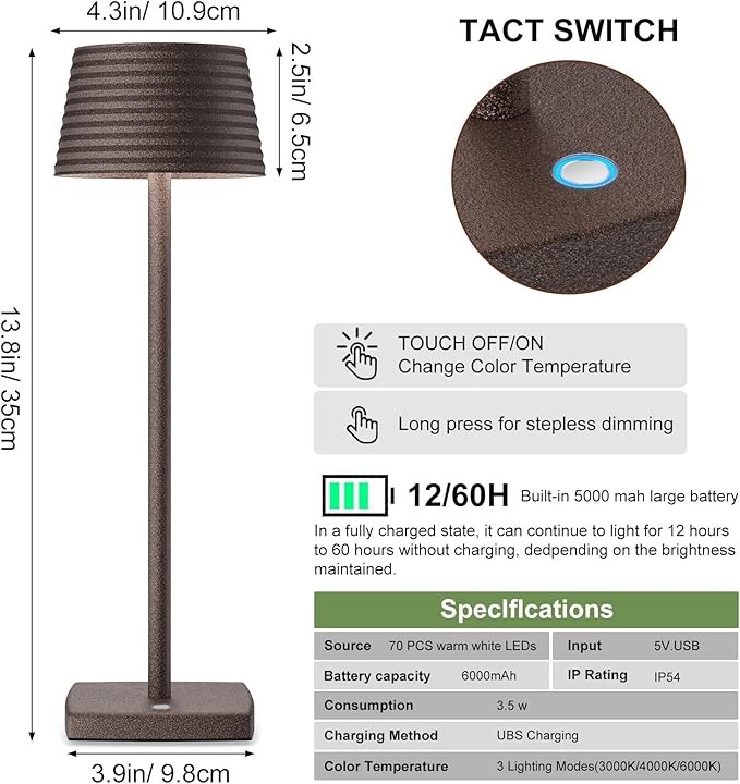 Rechargeable Cordless Table Lamp, Battery 5000mAh Metal Aluminum Housing USB LED Portable Powered Desk Lamp, 3 Levels Brightness Night Light for Restaurants Bars Outdoor (ferruginous-2pack) - LeafyLoom