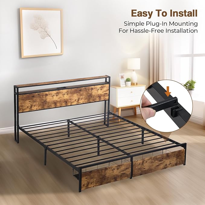 LED Queen Bed Frame with 2 Storage Drawers & Headboard, Platform Metal Bed Frame with Charging Station, Noise-Free, No Box Spring Needed, Vintage Brown - LeafyLoom