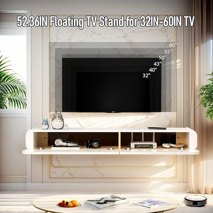 Floating TV Stand in Solid Wood, 52'' High Gloss Wall Mounted TV Cabinet, Floating TV Shelves with 2 Large Doors, Modern Entertainment Media Console Center Large Storage TV Bench (52.36IN) - LeafyLoom