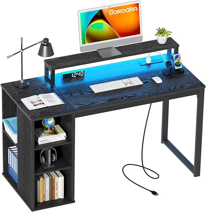 Small Computer Desk with LED Lights 39.4 inch Gaming Desk with Power Outlets and Storage Shelves, Home Office Desk with Monitor Stand for Bedroom, Workstation, Black - LeafyLoom