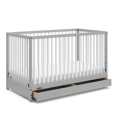 Graco Teddi 5-in-1 Convertible Crib with Drawer (Pebble Gray with White) – GREENGUARD Gold Certified, Crib with Drawer Combo, Full-Size Nursery Storage Drawer, Converts to Toddler Bed - LeafyLoom