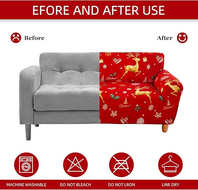 Mybedsoul Christmas Printed Red Sofa Cover Reindeer Printed Elastic Couch Cover Machine Washable Christmas Theme Red Sofa Slipcover for Living Room(3 Seater/Loveseat) Mybedsoul