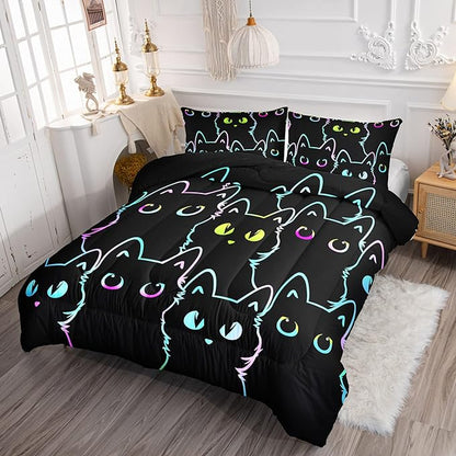 Axolotl Kids Bedding Cartoon Cat Comforter Set Queen Size,Gradient Line Cute Cat Bedding Set for Teens Kids Boys Girls Adults Room Decor,Kids Comforter Set All Season,1 Comforter 2 Pillow Cases,Black - LeafyLoom