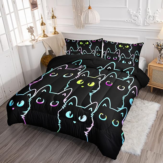 Axolotl Kids Bedding Cartoon Twin Size,Gradient Line Cute Cat Bedding Set for Teens Kids Boys Girls Adults Room Decor, All Season,1 Comforter 2 Pillow Cases,Black - LeafyLoom