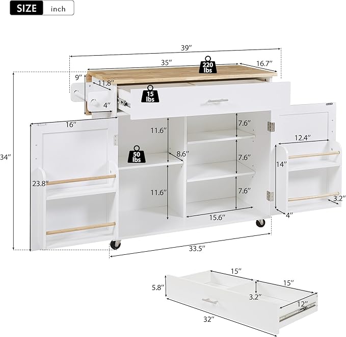 RITSU 39" Rolling Kitchen Island Cart, Indoor Bar Storage Cabinet Organizer with Divider Internal Cabinet Rack, Portable Movable Table w/Adjustable Shelf Towel Rack, for Dining Room, White - LeafyLoom