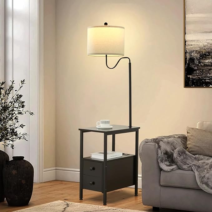 Dungoo 59" Floor Lamp with Table, Black End Table with Lamp Attached with USB & Type-C Ports and 2 Outlets, Rustic End Table with Storage Drawers, Bedside Nightstand for Living Room Bedroom - LeafyLoom