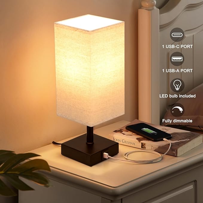 Ambimall Beige Table Lamp with USB Ports - 3 Way Touch Lamps Beside Desk, Nightstand Lamp for Bedrooms Living Room, Beige Shade with Black Base, LED Bulb Included(Beige) - LeafyLoom