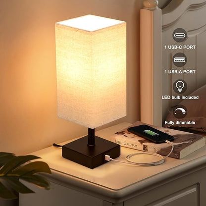 Ambimall Beige Table Lamp with USB Ports - 3 Way Touch Lamps Beside Desk, Nightstand Lamp for Bedrooms Living Room, Beige Shade with Black Base, LED Bulb Included(Beige) - LeafyLoom