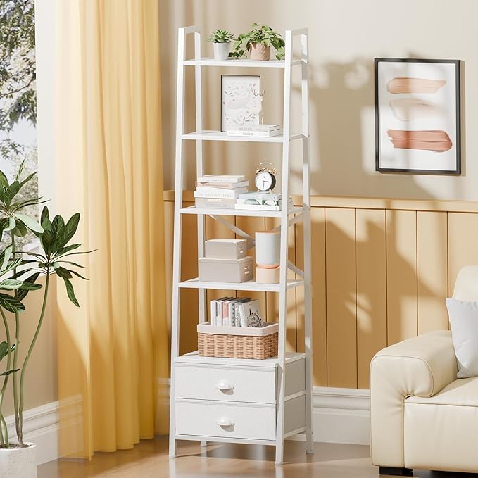 Furologee 5-Tier Ladder Shelf with 2 Drawers,Narrow Bookshelf Storage Shelves,Industrial Bookcase Freestanding Shelf Units for Bedroom,Living Room,Bathroom,Home Office,Balcony,Wood Metal, White - LeafyLoom