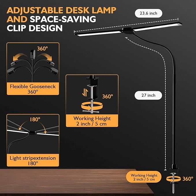 Desk Lamp,20W Ultra Bright Auto Dimming Desk Light Stepless Dimming and Tempering LED Desk Lamp,Dual Screen Computer Monitor Gooseneck Smart Light,5 adjustable lighting modes for Office Home - LeafyLoom