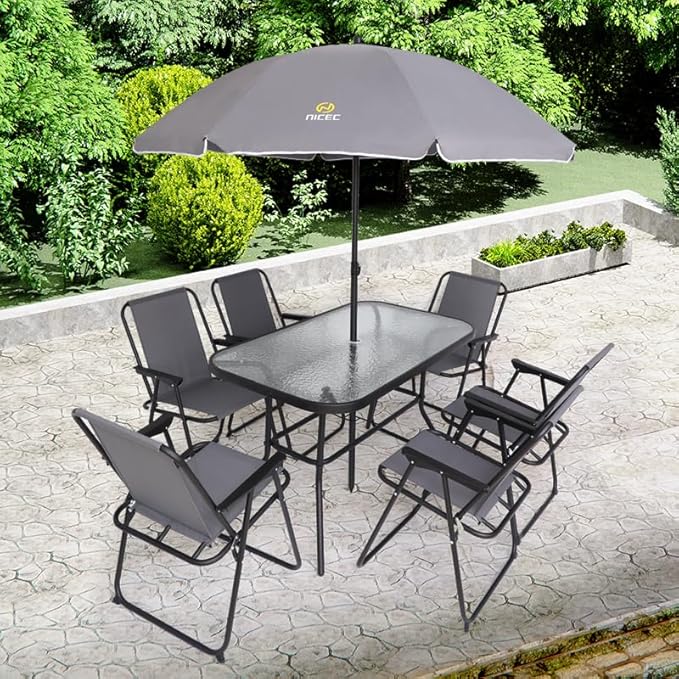 Nice C Outdoor Dining Sets, Patio Furniture Set, 8 Piece Set with Umbrella, Garden Outdoor Furniture Table Set with Tilted Removable Umbrella, Glass Table, and 6 Folding Chairs (Grey) - LeafyLoom