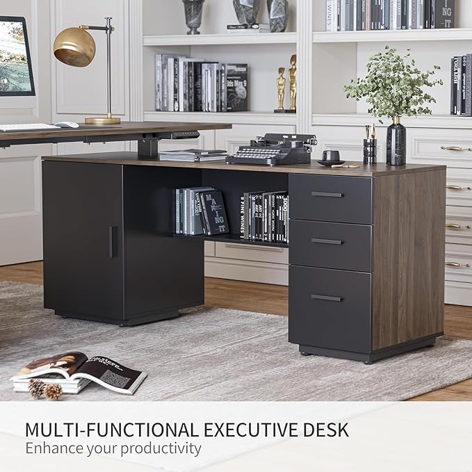 FEZIBO 63" L Shaped Executive Standing Desk with File Cabinet, Electric Height Adjustable, Black Walnut - LeafyLoom