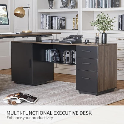 FEZIBO 63" L Shaped Executive Standing Desk with File Cabinet, Electric Height Adjustable, Black Walnut - LeafyLoom