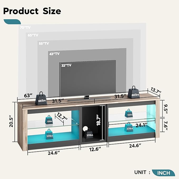 Bestier TV Stand for 70 inch TV, Gaming Entertainment Center for PS5, LED TV Cabinet with Glass Shelves for Living Room, 63'' Inch, Pinewood - LeafyLoom