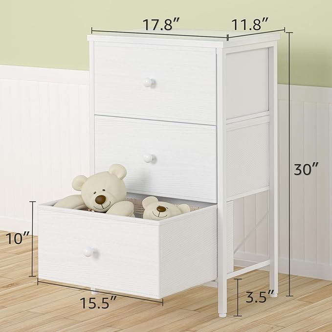 BOLUO White Night Stand with Drawers 3 Drawer Dresser for Bedroom, Tall Nightstand for Closet Dorm Modern Bedside Table - LeafyLoom