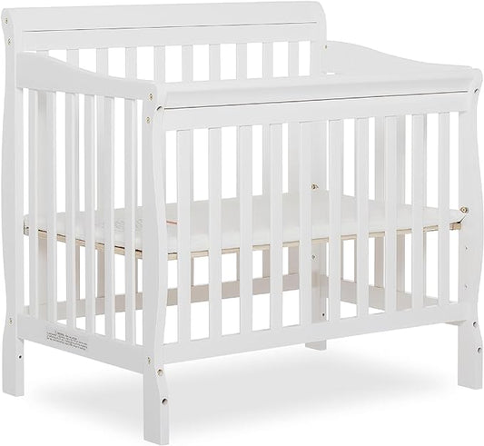 Aden 4-in-1 Convertible Mini Crib In White, Greenguard Gold Certified, Non-Toxic Finish, New Zealand Pinewood, With 3 Mattress Height Settings - LeafyLoom