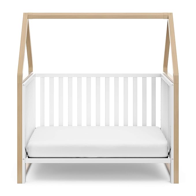 Storkcraft Orchard 5-in-1 Convertible Crib (White with Driftwood) – GREENGUARD Gold Certified, Canopy Style Baby Crib, Converts from Crib to Toddler Bed, Daybed and Full-Size Bed - LeafyLoom