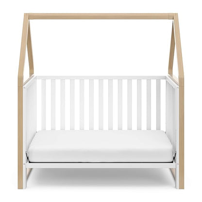 Storkcraft Orchard 5-in-1 Convertible Crib (White with Driftwood) – GREENGUARD Gold Certified, Canopy Style Baby Crib, Converts from Crib to Toddler Bed, Daybed and Full-Size Bed - LeafyLoom