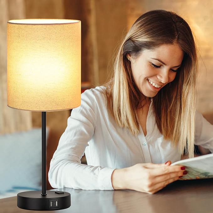 【Upgraded】Set of 2 Touch Beige Table Lamps with 2 USB Ports & AC Outlet, 3-Way Dimmable Bedside Nightstand Lamps for Living Room Nursery Office Bedroom, 800 Lumens 2700K Warm Bulbs Included - LeafyLoom