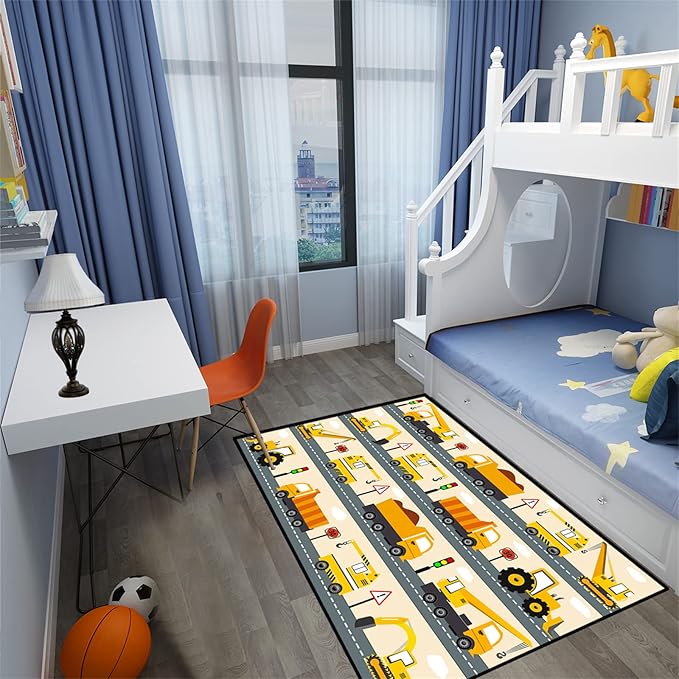 Construction Rug Car Rug Construction Rugs for Boys Room Cartoon Truck Area Rug Construction Play Mat Car Rug for Boys Room Construction Decor for Boys Room 4'5''×6' - LeafyLoom