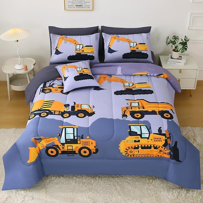 JQinHome Construction Twin Bedding Sets for Boys Kids,6 Piece Bed in A Bag 3D Cartoon Car Excavator Tractor Comforter Set with Sheet Set,Trucks Cars - LeafyLoom