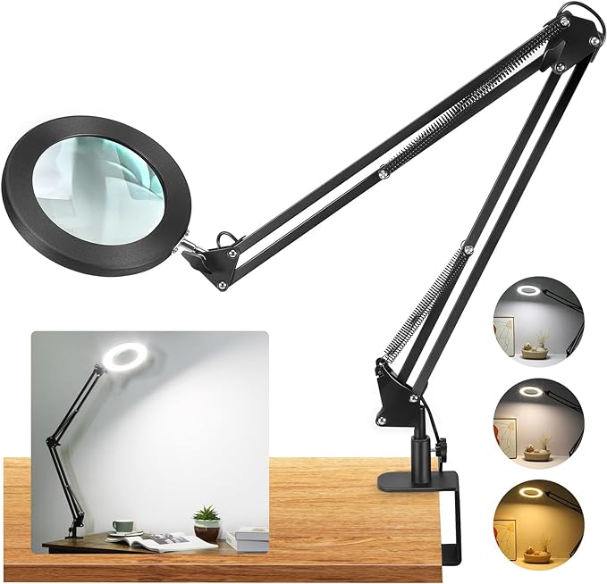 Large 10X Magnifying Glass with Light, 5 in Real Glass Stand Lighted Magnifier, 3 Color Modes Steepless Dimmable LED Magnifying Desk Lamp with Clamp, Hands Free for Close Work Crafts Hobby - LeafyLoom