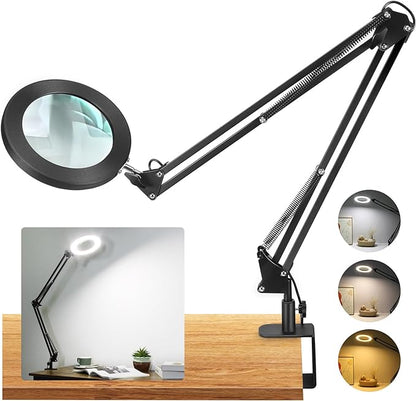 Large 10X Magnifying Glass with Light, 5 in Real Glass Stand Lighted Magnifier, 3 Color Modes Steepless Dimmable LED Magnifying Desk Lamp with Clamp, Hands Free for Close Work Crafts Hobby - LeafyLoom