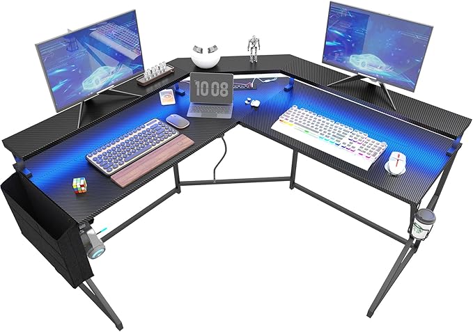 Wonder Comfort L Shaped 51 Inch Computer Desk with LED Lights，Corner Gaming Table Cup Holder Power Outlets/Monitor Stand for Home Office, Black - LeafyLoom