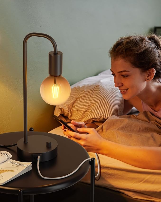 Industrial Table Lamp with 2 USB Port, Fully Dimmable Nightstand Bedside Lamps for Bedroom,Desk Lamps with 2700K Black Gradient Bulb for Reading Living Room,Office - LeafyLoom