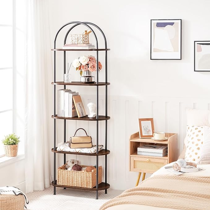 HOOBRO 5 Tier Open Bookshelf, Industrial Arched Bookcase Display Shelf Racks, Wooden Bookcase Storage Shelves Metal Frame, Tall Storage Organizer for Home, Easy Assembly, Rustic Brown BF176SJ01 - LeafyLoom