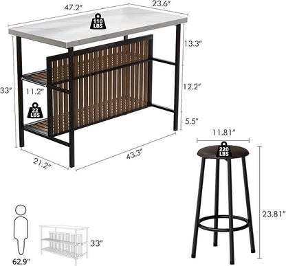 DKLGG 3 Piece Dinging Table Set, Faux Marble Dining Room Table Set with 2-Tier Storage Shelves, Bar Table Set with Bar Stools, Sturdy Kitchen Table with Storage for Restaurant, Living Room - LeafyLoom