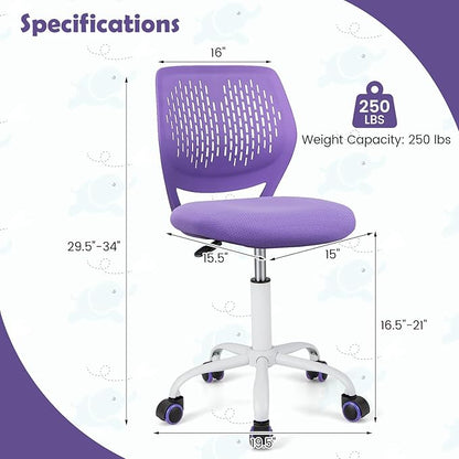 Kids Desk Chair, Purple Ergonomic Kids Office Chair Ages8-12 w/Lumbar Support, Low-Back Teen Desk Chair for Girls Boys, Small Cute Kids Computer Chair for Bedroom/Study/Vanity Desk - LeafyLoom