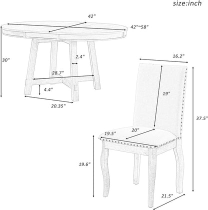 5-Piece Farmhouse Set with Wood Round Extendable Dining-Table and 4 Upholstered Chairs, for Diningroom, Living Room, and Kitchen, Espresso - LeafyLoom