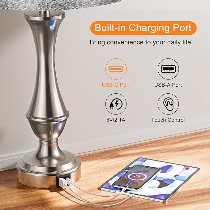 Touch Lamps for Bedrooms Set of 2 - Nightstand Table Lamp with USB C+A, 3 Way Dimmable Bedside Lamps for Living Room End Tables Set of 2, Farmhouse Night Stand Lamps(Grey&Nickel) - LeafyLoom