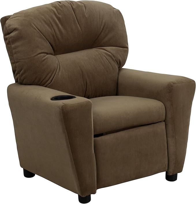 Flash Furniture Chandler Microfiber Kids Recliner with Cup Holder and Safety Recline, Contemporary Reclining Chair for Kids, Supports up to 90 lbs., Brown - LeafyLoom