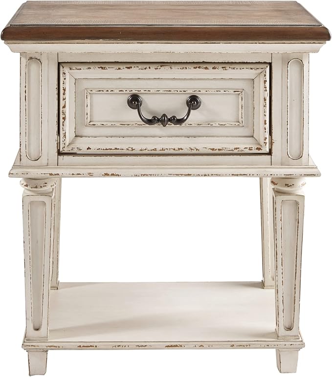 Signature Design by Ashley Realyn Traditional Cottage 1 Drawer Nightstand with Dovetail Construction & Open Display Shelf, Chipped White, Distressed Brown - LeafyLoom