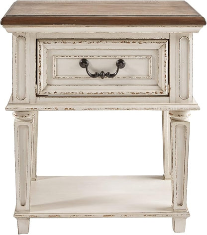 Signature Design by Ashley Realyn Traditional Cottage 1 Drawer Nightstand with Dovetail Construction & Open Display Shelf, Chipped White, Distressed Brown - LeafyLoom