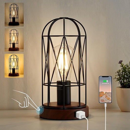 Industrial Table Lamp, Small Touch Control Edison Desk Lamp 3 Way Dimmable Vintage Bedside Lamp with AC Outlet Metal Cage Steampunk Nightstand Lamp for Living Room, Bedroom or Den - LeafyLoom