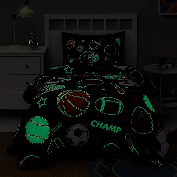 Sports Ball Games Twin Comforter Set with Sheets - 5 Pieces Kids Twin Bedding Sets for Boys, Glow in The Dark Baseball Basketball Football Soccer Twin Bed in a Bag for Kids, Teens - LeafyLoom