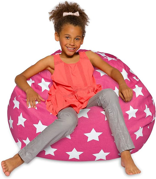 Posh Creations Bean Bag Chair for Kids, Teens, and Adults Includes Removable and Machine Washable Cover, 38in - Large, Canvas White Stars on Pink - LeafyLoom