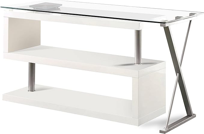 Furniture of America Lilliana Swivel Glass Top S-Shaped Writing Desk for Home Office, Studying Room, White - LeafyLoom