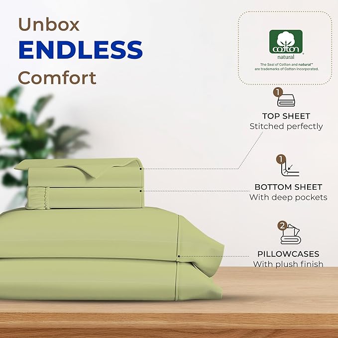 THREAD SPREAD 100% Egyptian Cotton Sheets California King Size - 600 Thread Count 4 PC Luxury Sheets Cal King Size, Soft, Cooling Hotel Luxury Sheets & Pillowcases, Fits Mattress upto 18" - Sage Green - LeafyLoom