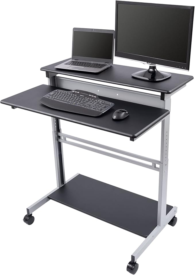 Stand Up Desk Store Rolling Adjustable Height Two Tier Standing Desk Computer Workstation (Silver Frame/Black Top, 40" Wide) - LeafyLoom